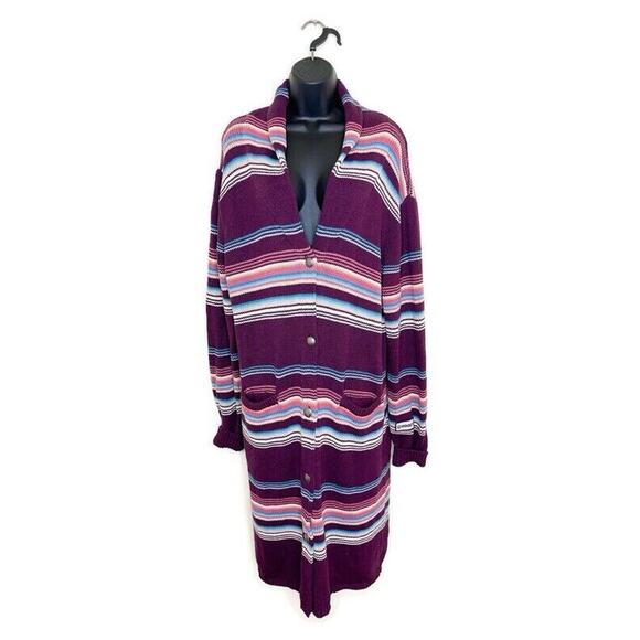 HOOEY Women's Red Southwest Blanket Stripe Duster‎ Cardigan Concho Buttons Sz L - Picture 1 of 9